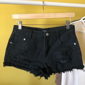 Black Mid Rise Ripped Denim Shorts